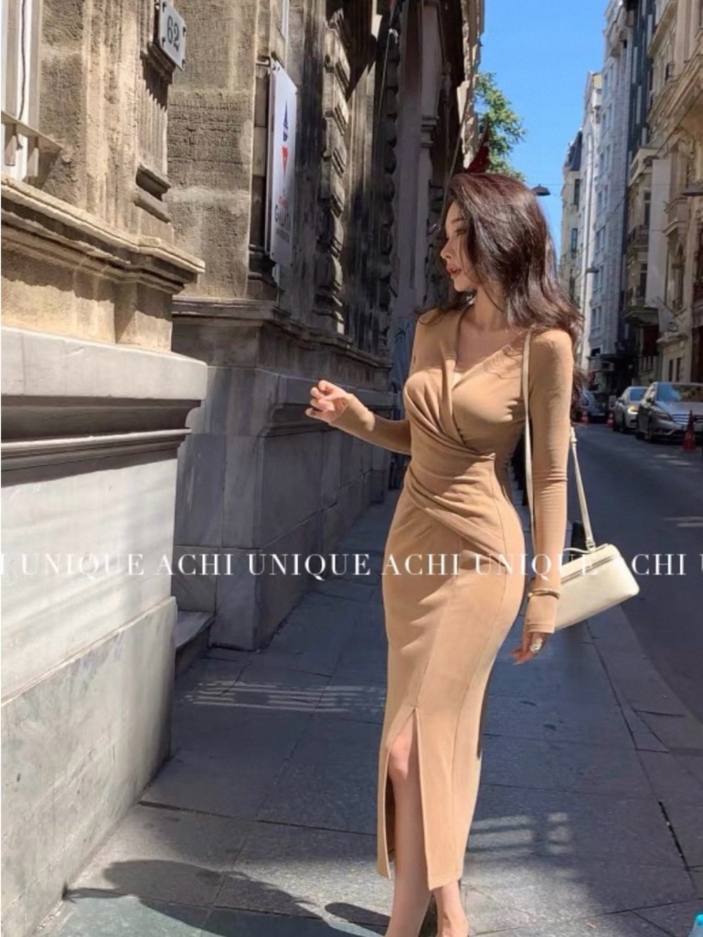 Tan Bodycon Midi Dress with Side Slit